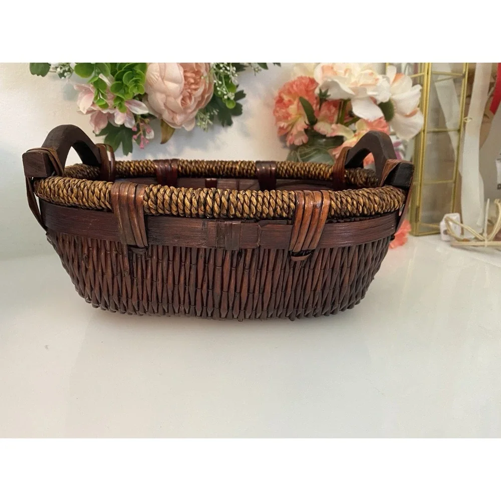Vintage Chinese Woven Willow Basket With Wood Handles 12